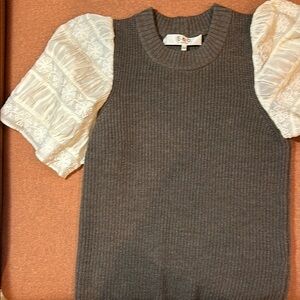 Chic Brown Knit Top with Cream Puff Sleeves